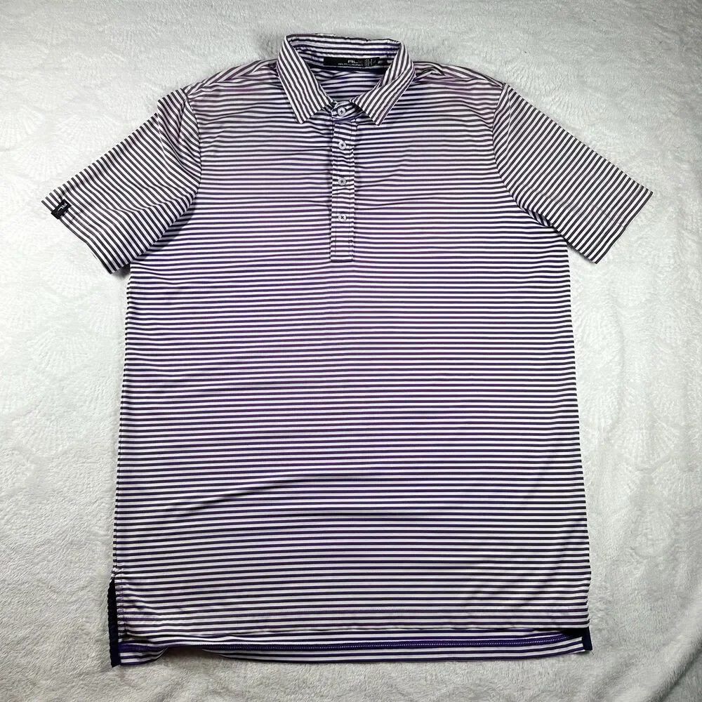 RLX Ralph Lauren Golf Polo Shirt Mens Size L Purple White Stripes Performance